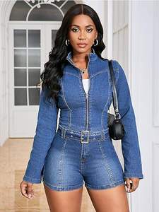 Conjunto de Dos Piezas de Mezclilla para Mujer de Alta Calidad, Fabricación Profesional, Chaqueta y Pantalones Cortos de Mezclilla Ajustados y Elásticos a la Moda - Product Image 6