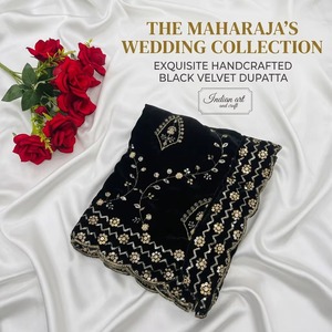 Exquisite <b>Black</b> Bridal <b>Velvet</b> Dupatta with All Over Gold Zari Floral Vine Embroidery Wedding Shawl Stole Exquisite Wedding shawl - Product Image 1