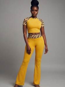 Leggings jaunes taille haute évasés pleine longueur en Spandex et Polyester extensible dans les quatre sens avec taille élastique et antibactériens pour le yoga - Product Image 3