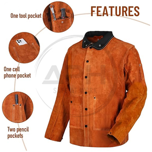Heavy Duty Split Leather Welding Work <b>Coat</b> Long Sleeve <b>Stand</b> Collar Front Button Welder Jacket Industrial Workshop Apparel - Product Image 3