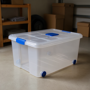 Scatole originali in plastica da 57 litri con ruote e coperchio, contenitore trasparente per l'organizzazione della casa - Product Image 3