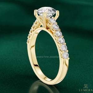 Bague de fiançailles de luxe en or jaune 9K 10K 14K 18K avec diamant de laboratoire taille ronde certifié IGI, cadeau de mariage pour femme - Product Image 2