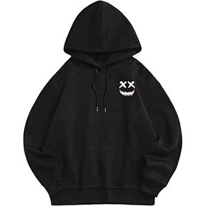 Sweat-shirt à capuche noir pour femme avec imprimé visage de dessin animé brodé, coupe classique, en coton, pour l'automne - Product Image 1