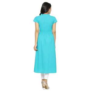 Kurta en coton slub brodé bleu sarcelle pour femme, coupe trapèze, col mandarin, manches courtes, conçu pour un style décontracté ethnique mondial - Product Image 5