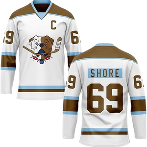 Custom Ice Hockey Jersey Men's White Brown Cartoon <b>Dog</b> Front 69 Shore Sublimated V-Neck Full Sleeve Polyester Breathable - Product Image 1