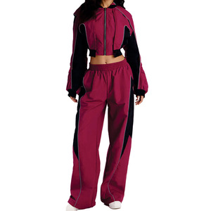 Custom Women Hooded Tracksuit Set Cropped Zip Windbreaker Jacket and Wide Leg Pants Streetwear Activewear <b>Lightweight</b> <b>Hoodies</b> - Product Image 3