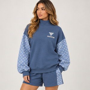 Women's Dusty Blue Polka Sleeve Mock Neck 2-Piece <b>Shorts</b> <b>Set</b> Custom Casual Sportswear - Product Image 3