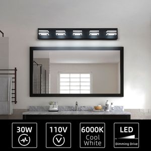 Moderna Lampada da Parete a 5 Luci LED Nera da 32 Pollici con Paralumi Quadrati in Acrilico e Illuminazione a Specchio per Bagno - Product Image 5