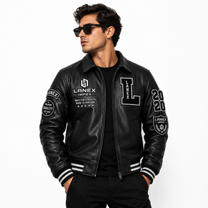 Custom Black Leather Varsity <b>Jacket</b> for <b>Men</b> with Embroidered Chenille Patches, Rib Knit Cuffs, Bomber Letterman <b>Jacket</b> OEM & ODM - Product Image 3