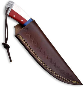 Cuchillo de caza Drop Point con mango rojo, blanco y azul, funda de cuero, hoja de borde recto de calidad DIY, cuchillos en venta - Product Image 3
