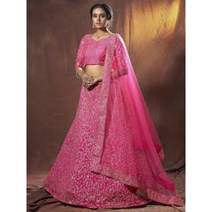 Lehenga Choli de Seda Bordado Rosa Dori para Boda con Dupatta - Product Image 6