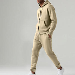 Ensemble de survêtement respirant pour homme, faible MOQ, logo personnalisé, 100% coton molletonné, sweat à capuche zippé intégral et pantalon de jogging vierge, vente en gros - Product Image 1