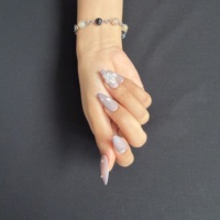 Faux ongles à presser en amande, motif fleur 3D et goutte d'eau, faits main, en gel blanc laiteux nacré, réutilisables et ajustables sur mesure
