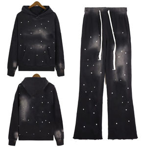Conjunto de Sudadera con Capucha y Pantalones Jogger Personalizados de Invierno, Estilo Urbano, Cortos, Lisos, con Lavado Ácido, Efecto Desgastado y Pedrería, con Cordón Ajustable - Product Image 1