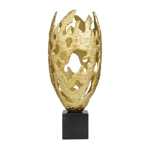 Modern Abstract Gold Resin Sculpture on Black <b>Cube</b> Base Decorative Art Piece - Product Image 1