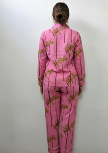 Vibrant Pink Flock Print Palm Tree Pure Cotton Summer Night Suit for Women Elegant Two-Piece Collared Pajama Set - Product Image 2
