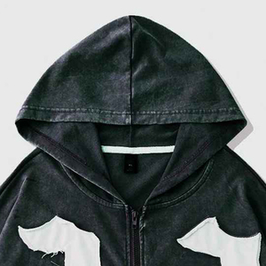 Hoodie d'hiver tendance en coton épais délavé à l'acide avec patchs, coupe oversize - Product Image 3