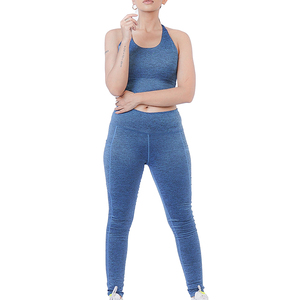 Conjunto de Yoga Azul de 2 Piezas, Leggings de Cintura Alta, Top Corto sin Costuras con Cuello Halter, Sin Mangas, Color Sólido, Transpirable, Ropa Deportiva para Mujer - Product Image 1