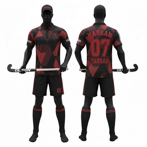 Uniforme de Hockey sobre Césped para Hombre, Poliéster Premium Interlock, Panel Geométrico Rojo y Negro, Logotipo Personalizado por Sublimación - Product Image 6