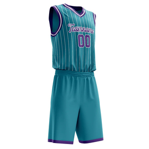 Maillot de basket tendance rayé sans manches col en V respirant pour adulte, ensemble uniforme de basket personnalisé avec logos d'équipe sublimés - Product Image 3
