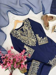 NOUVEAU LANCEMENT : Ensemble Salwar Kameez Traditionnel en Soie Chinin avec Micro-Travaux et Dentelle Fantaisie, Séchage Rapide, Toutes Saisons, Entièrement Cousu - Product Image 2