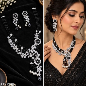 Elegant Floral AD Crystal Necklace & Dangle Earrings <b>Set</b> Luxury Handcrafted Pearl <b>Beaded</b> Bridal Jewelry <b>Sets</b> For Wedding Parties - Product Image 4
