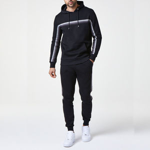 Ensemble de survêtement pour homme, noir, à capuche, 100% coton, avec cordon de serrage, sweat-shirt et pantalon, manches longues, décontracté, pour l'automne, poches latérales, logo sur le devant - Product Image 4