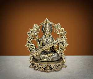 Handmade Brass Saraswati <b>Statue</b> Wax Casting Hindu Goddess Saraswati Idol for Home Temple Office Decor - Product Image 1
