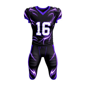 Nuevo Diseño Personalizado de Uniforme de Fútbol Americano para Hombre, Negro y Morado, Impresión por Sublimación, Conjunto de Pantalones y Jersey de Poliéster Transpirable, Número 16 - Product Image 1
