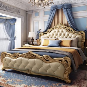 European Classic Luxury Gold Carved Wedding <b>Bed</b> Royal PU Leather Tufted King Size <b>Bed</b> Elegant Villa Bedroom Furniture - Product Image 2