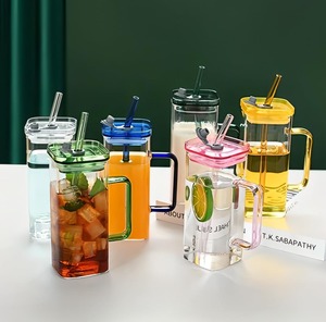 Tasses carrées en verre borosilicate coloré avec couvercle et <span class=keywords><strong>pailles</strong></span>, verres à boire, gobelets pour boissons mélangées - Product Image 4