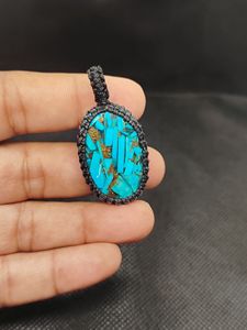 สร้อยคอจี้หินเทอร์ควอยซ์ธรรมชาติทำมือ รูปไข่เจียระไน ประดับด้วยเชือกถักสไตล์โบฮีเมียน วินเทจ คริสเตียน - Product Image 6