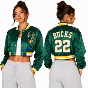 Chaqueta Bomber Ligera de Satén Corta Personalizada al por Mayor para Mujer con Logotipo del Equipo Bordado y Nombre/Número en el Pecho - Product Image 1