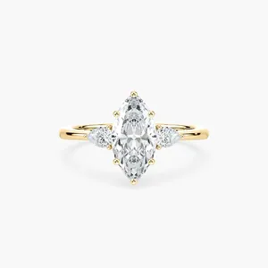 Anillo de compromiso de tres piedras con diamante marquise de 2 quilates y diamantes laterales en forma de pera, elaborado en oro rosa, oro blanco, oro amarillo, elegante. - Product Image 5