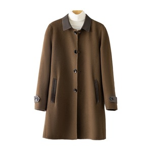 <b>Men's</b> Brown Genuine <b>Leather</b> <b>Long</b> <b>Coat</b> Turn-down Collar Single Breasted Casual Winter Jacket with Front Logo and Faux Fur Lining - Product Image 1