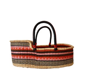 Original multi-stripe and black patterned seagrass changing <b>basket</b> alongside rattan changing kid <b>basket</b> featuring black <b>handles</b> - Product Image 1