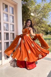 NILESH TAILOR FASHION Floor-Length V-Neck Full Sleeve Woven for Satin Heavy Fabric Floral Pattern <b>Elastic</b> Work <b>Dress</b> - Product Image 6