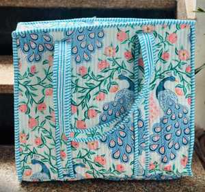Sac fourre-tout en toile à motif floral paon avec bordure rayée bleue, style bohème, ouverture supérieure, pour usage quotidien - Product Image 2