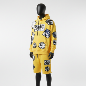 Conjunto de Sudadera con Capucha y Pantalones Cortos de Felpa de Mezcla de Algodón Premium para Hombre, con Panel Amarillo Estampado y Logotipo Personalizado - Product Image 4
