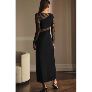 Robe longue en dentelle noire à manches longues avec panneau transparent à la taille ou robe midi en dentelle découpée, robe longue en dentelle noire à manches longues - Product Image 1