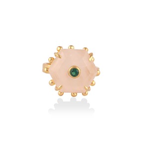 Modern jewelry natural rose quartz with emerald cz hexagon cut <b>ring</b> beaded designer 18k gold plated <b>adjustable</b> <b>ring</b> for women - Product Image 2