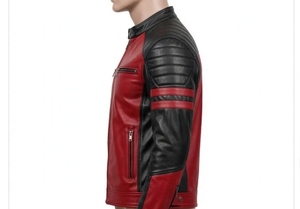 Blouson moto en cuir rouge et noir pour homme avec fermeture éclair, col montant et blocs de couleur - Product Image 5