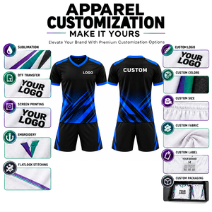 Tenue de football personnalisée noire et bleue, col en V, manches courtes, 100 % polyester, impression par sublimation, évacuation de l'humidité, pour hommes adultes - Product Image 5