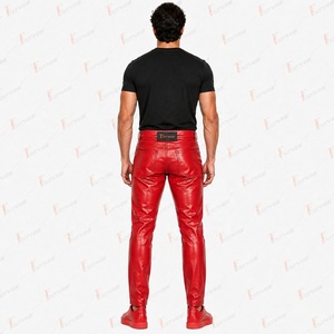 Men's <b>Red</b> PU Coated Straight Fit Casual Pants With <b>Belt</b> And Button Fly Mid Waist Design - Product Image 3