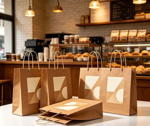 Sacs de courses en papier kraft personnalisés avec logo imprimé offset, recyclables, design plat pour la vente au détail alimentaire - Product Image 1