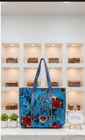 Tas Selempang Wanita Le Souvenirs Vintage Bohemian Musim Dingin Ringan Biru Berlapis Beludru Bolak-Balik dengan Lapisan Kanvas