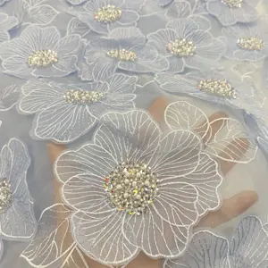 New Style 3D Flower Beaded Lace Fabrics Soft Mesh Sequin Embroidery Applique Lace Fabric Bridal Dress Polyester Tulle Fabrics