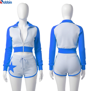 Conjuntos Deportivos Cortos de Verano Estilo Hip Hop para Mujer, 2 Piezas, Conjunto Deportivo con Bloques de Color, Top Corto de Manga Larga con Bolsillo y Pantalones Cortos - Product Image 6