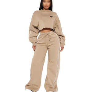 Conjunto de Sudadera Corta Informal para Mujer, Hombros Caídos, Cuello Redondo, Color Sólido, Sudadera con Capucha de 2 Piezas, 100% Algodón - Product Image 1