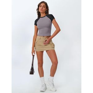 2025 2025 femmes Crop couleur bloc col rond basique T-Shirts reine femmes à manches courtes coupe ajustée extensible été hauts - Product Image 2